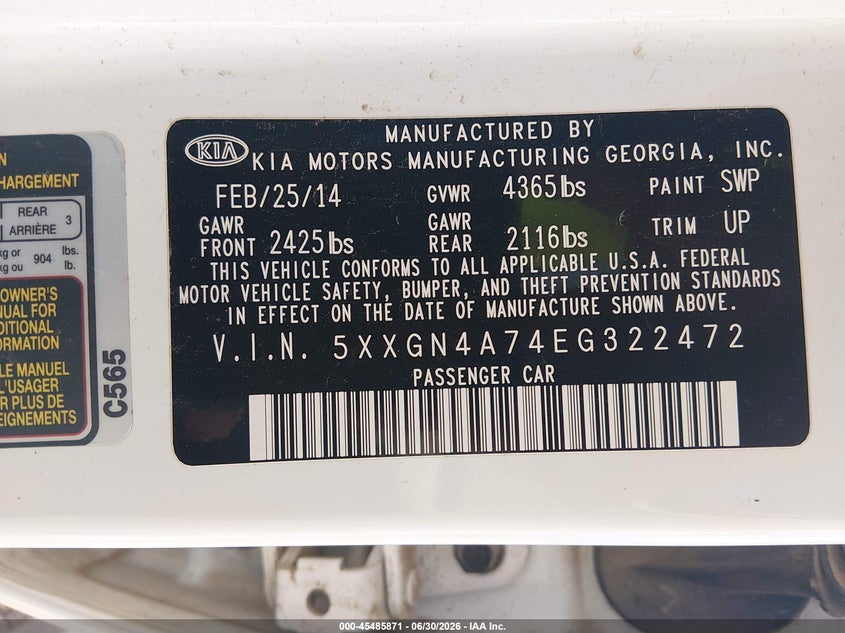 2014 Kia Optima VIN 5XXGN4A74EG322472 IAAI salvage auction — NORMAL WEAR, Clear (Louisiana), sold $150 on 2026-07-13 (photo 9)