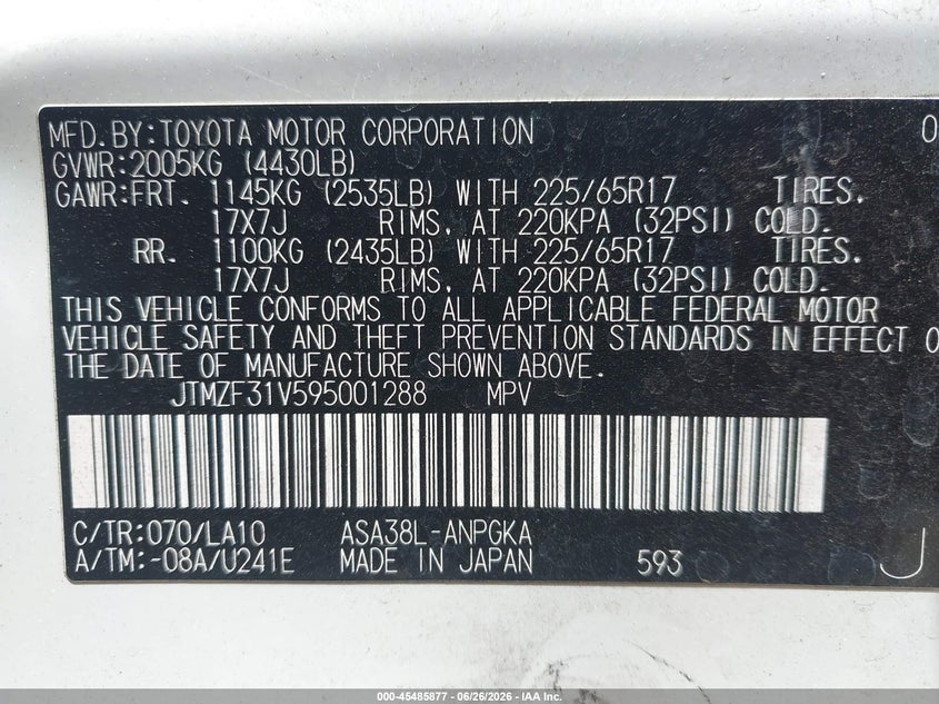 2009 Toyota Rav4 VIN JTMZF31V595001288 IAAI salvage auction — NORMAL WEAR, Clear - Dealer Only (California), sold $2,350 on 2026-07-08 (photo 9)