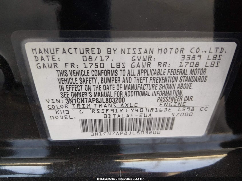2018 Nissan Versa VIN 3N1CN7AP8JL803200 IAAI salvage auction — FRONT & REAR, Salvage (California), sold $2,750 on 2026-07-09 (photo 9)