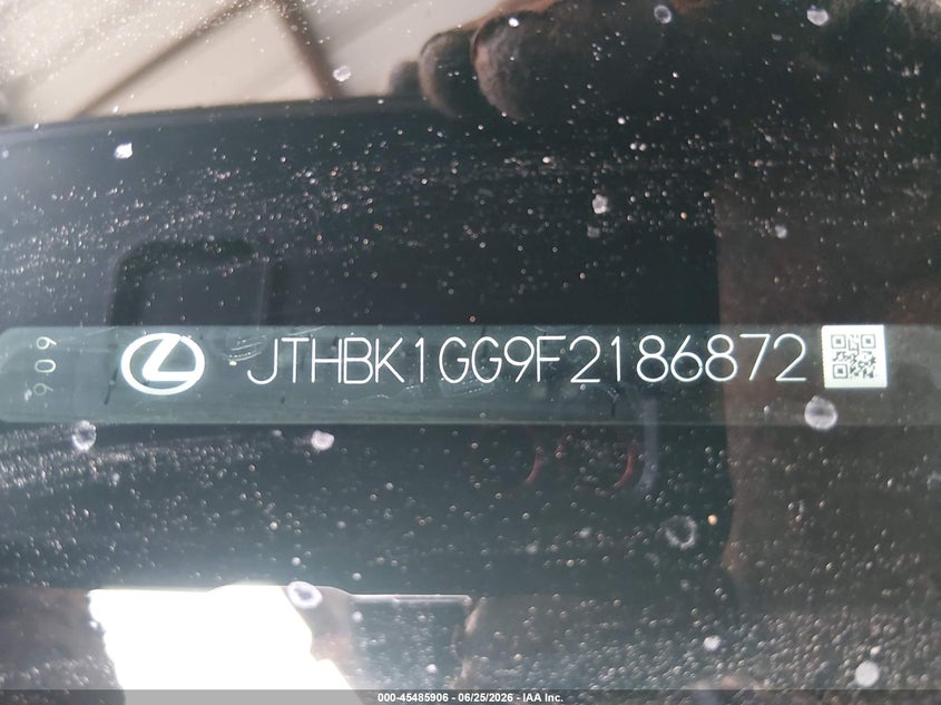 2015 Lexus ES VIN JTHBK1GG9F2186872 IAAI salvage auction — SIDE, Salvage (Arizona), sold $3,050 on 2026-07-28 (photo 9)
