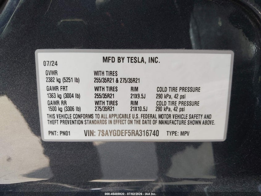 2024 Tesla Model y VIN 7SAYGDEF5RA316740 IAAI salvage auction — SIDE, Original (Texas), sold $14,600 on 2026-08-19 (photo 9)