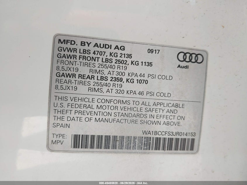2018 Audi Q3 VIN WA1BCCFS3JR014153 IAAI salvage auction — LEFT & RIGHT, Original (Texas), sold $4,400 on 2026-09-08 (photo 9)