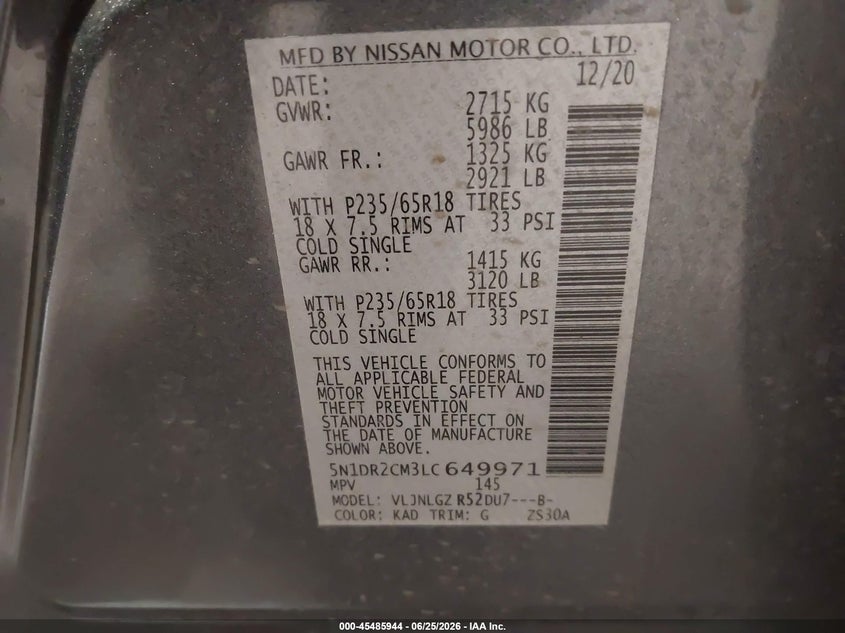 2020 Nissan Pathfinder VIN 5N1DR2CM3LC649971 IAAI salvage auction — FRONT END, Salvage (Colorado), sold $4,250 on 2026-09-02 (photo 9)