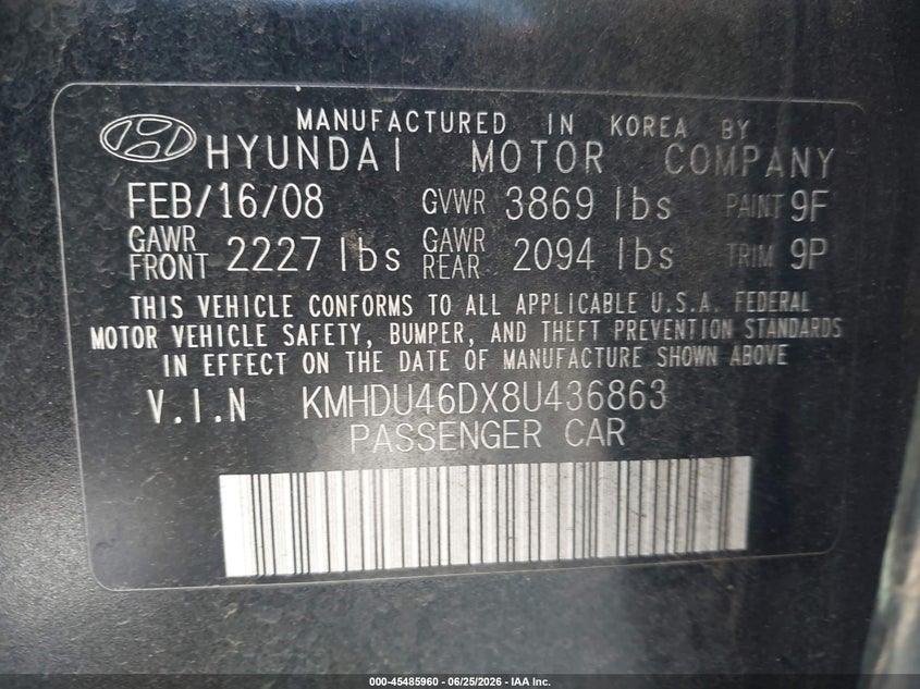 2008 Hyundai Elantra VIN KMHDU46DX8U436863 IAAI salvage auction — NORMAL WEAR, Clear - Dealer Only (California), sold $475 on 2026-07-29 (photo 9)