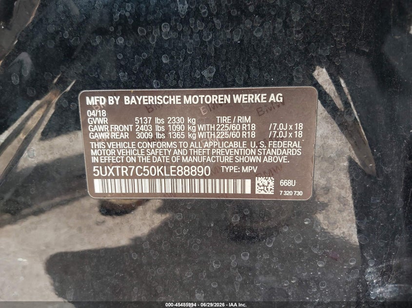 2019 BMW X3 VIN 5UXTR7C50KLE88890 IAAI salvage auction — FRONT END, Salvage Title, sold $3,675 on 2026-09-02 (photo 9)