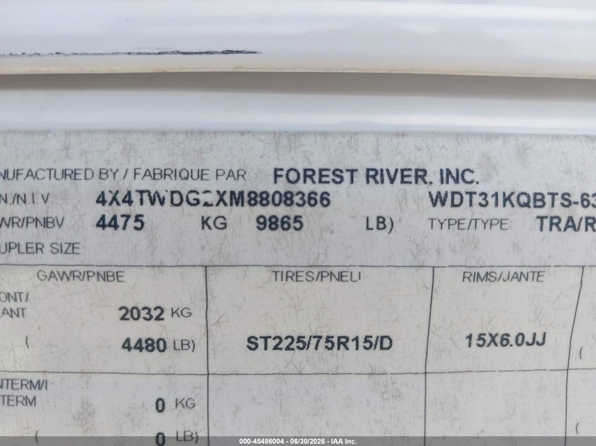 2021 Forest river Wildwood VIN 4X4TWDG2XM8808366 IAAI salvage auction — UNKNOWN, Salvage (Oklahoma), sold $7,300 on 2026-07-28 (photo 9)