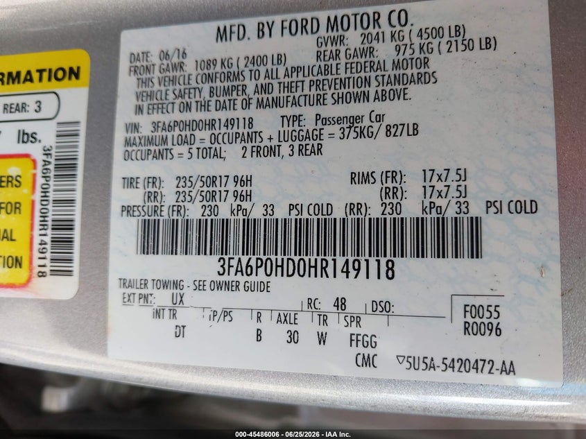 2017 Ford Fusion VIN 3FA6P0HD0HR149118 IAAI salvage auction — NORMAL WEAR, Clear (Michigan), sold $975 on 2026-07-18 (photo 9)