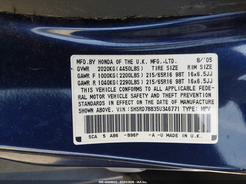 2005 Honda Cr-v VIN SHSRD78835U346771 IAAI salvage auction — NORMAL WEAR, Clear (Georgia), sold $925 on 2026-07-09 (photo 9)