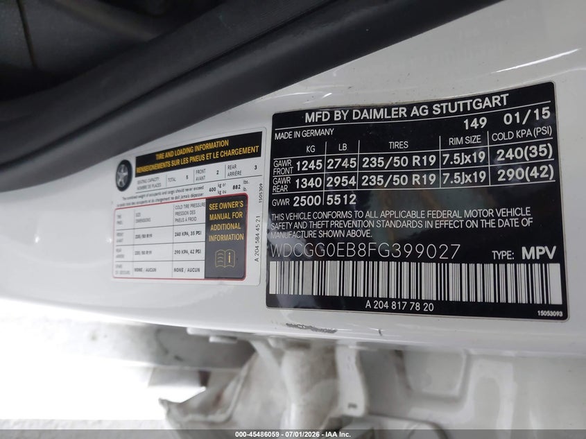 2015 Mercedes-benz VIN WDCGG0EB8FG399027 IAAI salvage auction — REAR END, Salvage Title, sold $4,000 on 2026-08-06 (photo 9)