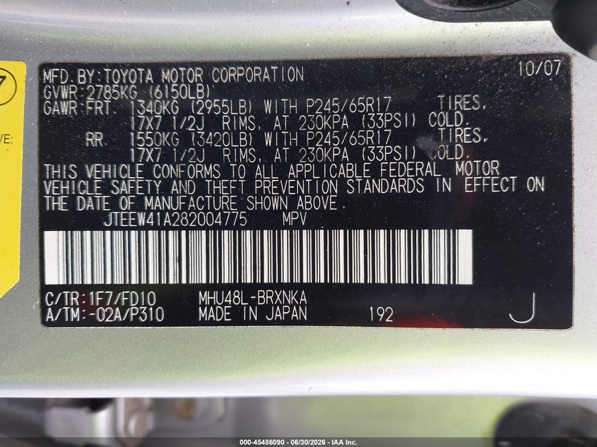 2008 Toyota Highlander hybrid VIN JTEEW41A282004775 IAAI salvage auction — FRONT END, Bill Of Sale (Washington), sold $1,650 on 2026-07-16 (photo 9)