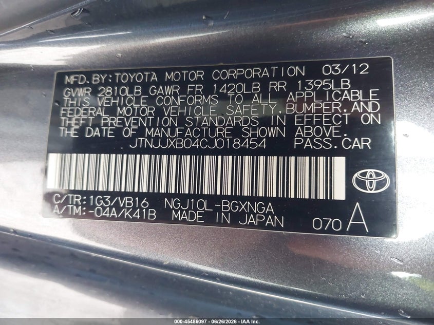 2012 Scion Iq VIN JTNJJXB04CJ018454 IAAI salvage auction — UNKNOWN, Salvage (Montana), sold $650 on 2026-08-02 (photo 9)