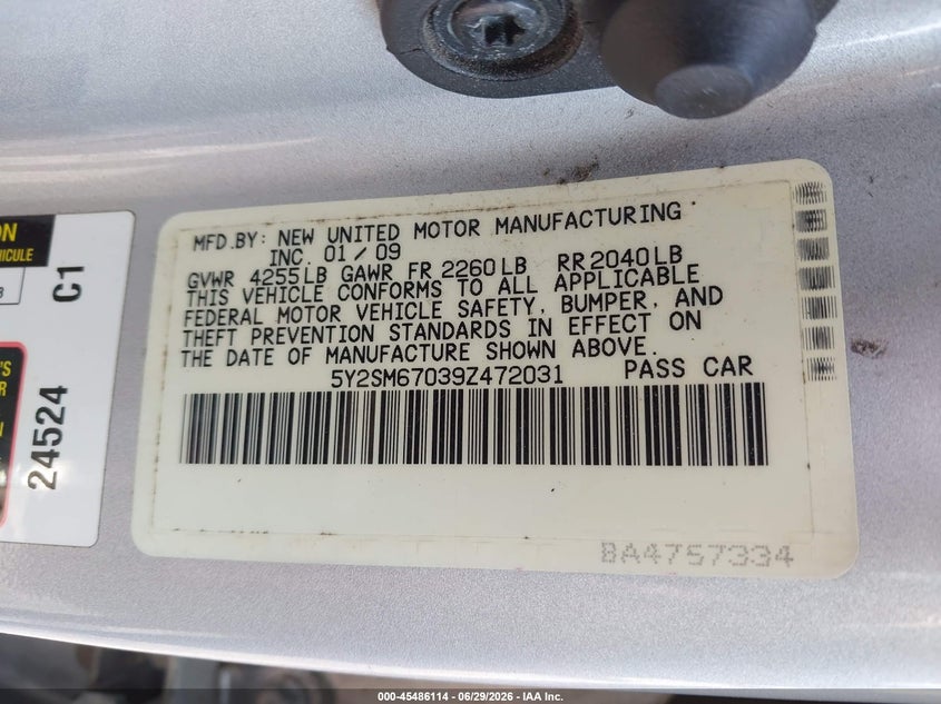 2009 Pontiac Vibe VIN 5Y2SM67039Z472031 IAAI salvage auction — NORMAL WEAR, Original (New Hampshire), sold $275 on 2026-07-15 (photo 9)