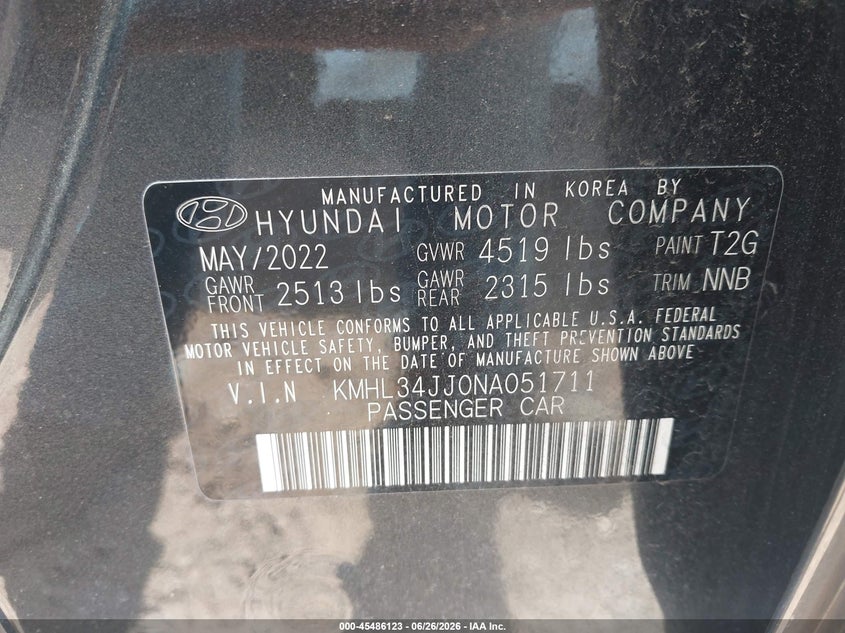 2022 Hyundai Sonata VIN KMHL34JJ0NA051711 IAAI salvage auction — FRONT END, Salvage (Alabama), sold $6,500 on 2026-07-15 (photo 9)