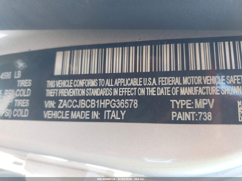 2017 Jeep Renegade VIN ZACCJBCB1HPG36578 IAAI salvage auction — NORMAL WEAR, Salvage (Arizona), sold $800 on 2026-07-14 (photo 9)