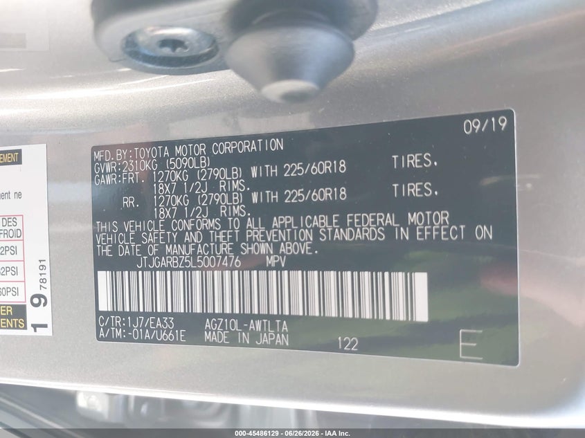 2020 Lexus Nx VIN JTJGARBZ5L5007476 IAAI salvage auction — FRONT END, Salvage (California), sold $6,100 on 2026-07-27 (photo 9)