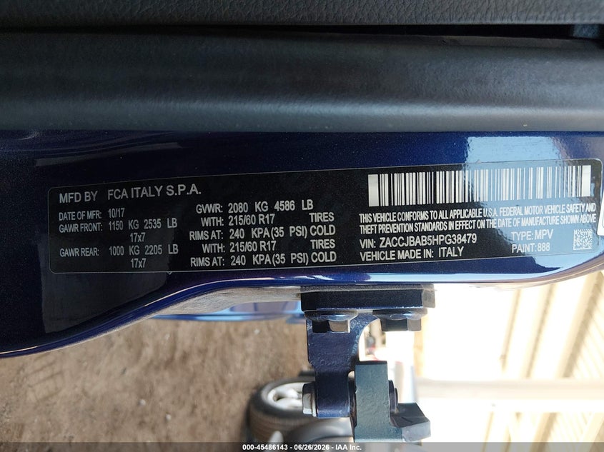 2017 Jeep Renegade VIN ZACCJBAB5HPG38479 IAAI salvage auction — FRONT END, Salvage (Arizona), sold $375 on 2026-07-07 (photo 9)