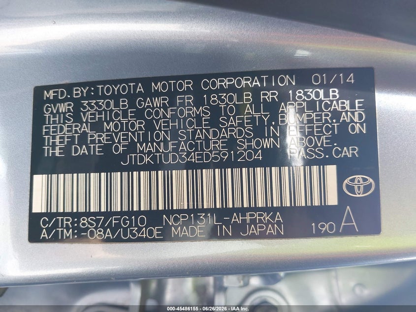 2014 Toyota Yaris VIN JTDKTUD34ED591204 IAAI salvage auction — NORMAL WEAR, App For Dup Salv Title - Dealer (California), sold $1,100 on 2026-07-29 (photo 9)