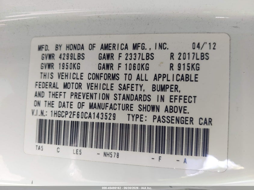 2012 Honda Accord VIN 1HGCP2F60CA143529 IAAI salvage auction — REAR END, Salvage (California), sold $2,150 on 2026-07-09 (photo 9)