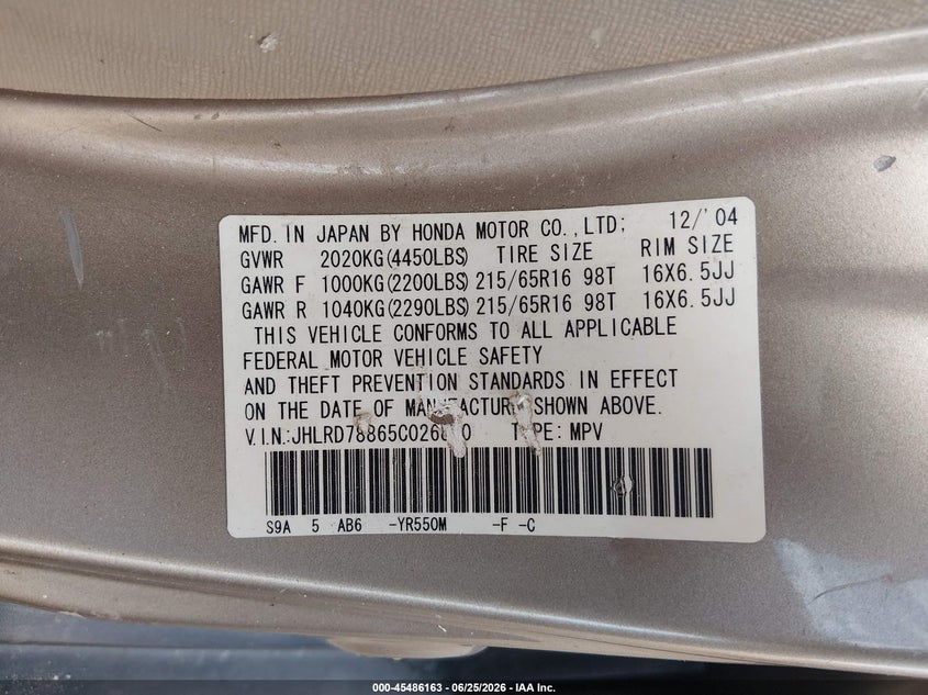 2005 Honda Cr-v VIN JHLRD78865C026870 IAAI salvage auction — RIGHT SIDE, Salvage (Arizona), sold $1,100 on 2026-07-14 (photo 9)