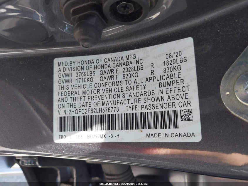 2020 Honda Civic VIN 2HGFC2F62LH576778 IAAI salvage auction — REAR END, Salvage Title, sold $5,100 on 2026-07-18 (photo 9)
