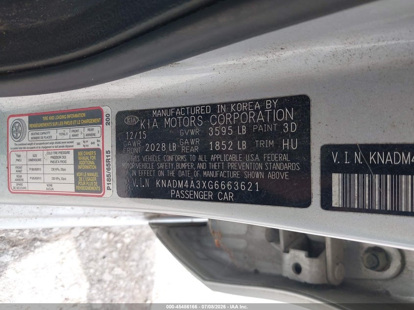 2016 Kia Rio VIN KNADM4A3XG6663621 IAAI salvage auction — NORMAL WEAR, Clear (Indiana), sold $300 on 2026-07-29 (photo 9)
