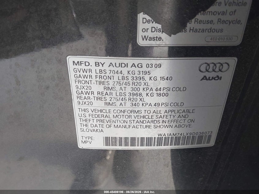 2009 Audi Q7 VIN WA1AM74LX9D036073 IAAI salvage auction — RIGHT FRONT, Bill Of Sale (Washington), sold $675 on 2026-07-29 (photo 9)