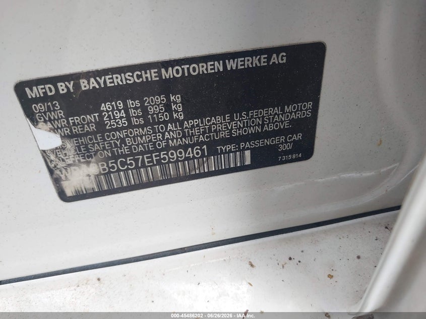 2014 BMW 3er VIN WBA3B5C57EF599461 IAAI salvage auction — WATER/FLOOD, Salvage (South Carolina), sold $675 on 2026-07-28 (photo 9)