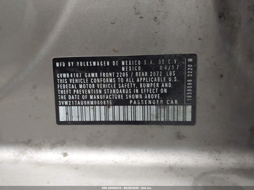 2017 Volkswagen Golf VIN 3VW217AU0HM060835 IAAI salvage auction — LEFT FRONT, Salvage (Idaho), sold $1,600 on 2026-08-07 (photo 9)