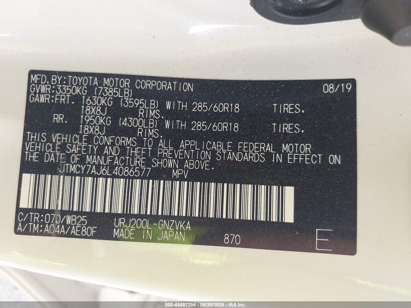 2020 Toyota Land cruiser VIN JTMCY7AJ6L4086577 IAAI salvage auction — FRONT END, Salvage Title, sold $23,050 on 2026-08-26 (photo 9)
