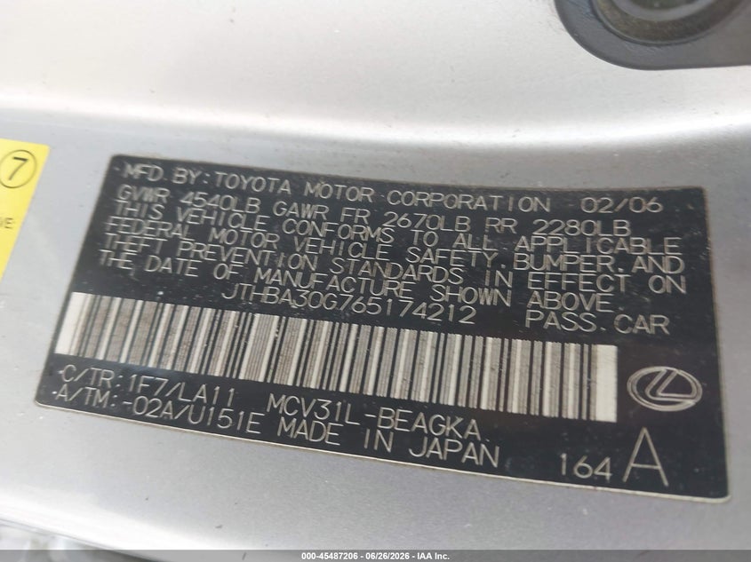 2006 Lexus Es 330 VIN JTHBA30G765174212 IAAI salvage auction — NORMAL WEAR, Clear (Alabama), sold $250 on 2026-07-23 (photo 9)