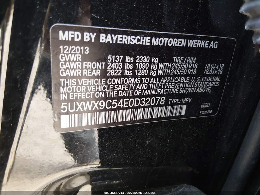 2014 BMW X3 VIN 5UXWX9C54E0D32078 IAAI salvage auction — HAIL, Clear (Tennessee), sold $1,800 on 2026-07-29 (photo 9)