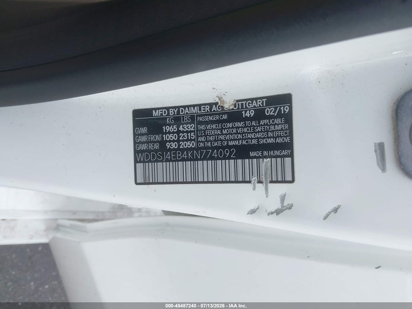 2019 Mercedes-benz Cla-class VIN WDDSJ4EB4KN774092 IAAI salvage auction — NORMAL WEAR, Clear (Florida), sold $3,325 on 2026-08-10 (photo 9)