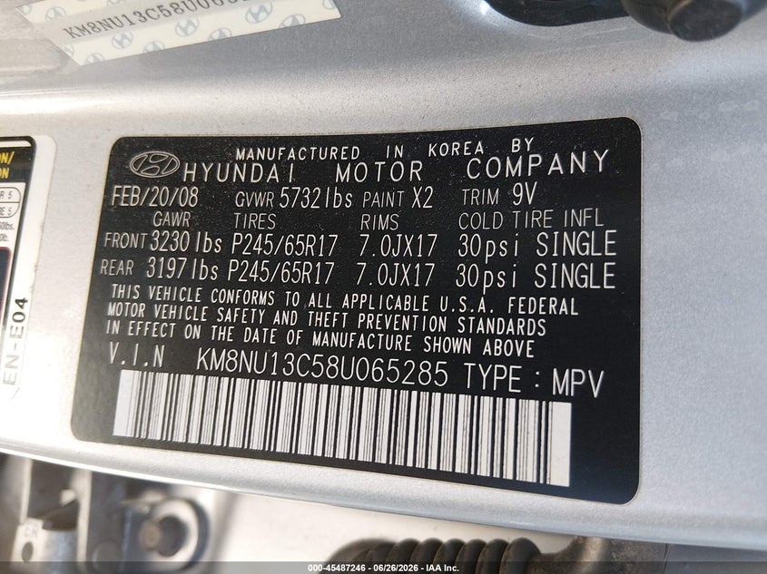 2008 Hyundai Veracruz VIN KM8NU13C58U065285 IAAI salvage auction — NORMAL WEAR, Original (Texas), sold $2,250 on 2026-07-13 (photo 9)