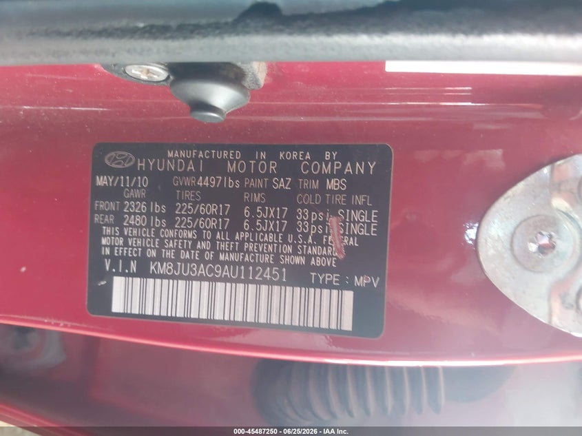 2010 Hyundai Tucson VIN KM8JU3AC9AU112451 IAAI salvage auction — NORMAL WEAR, Clear (Arizona), sold $775 on 2026-07-21 (photo 9)