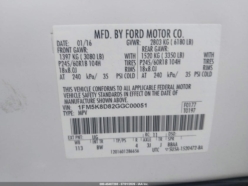 2016 Ford Explorer VIN 1FM5K8D82GGC00051 IAAI salvage auction — FRONT END, Clear (South Carolina), sold $850 on 2026-08-01 (photo 9)