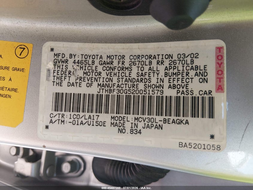 2002 Lexus Es 300 VIN JTHBF30G520051579 IAAI salvage auction — NORMAL WEAR, Clear (Maryland), sold $1,625 on 2026-07-08 (photo 9)