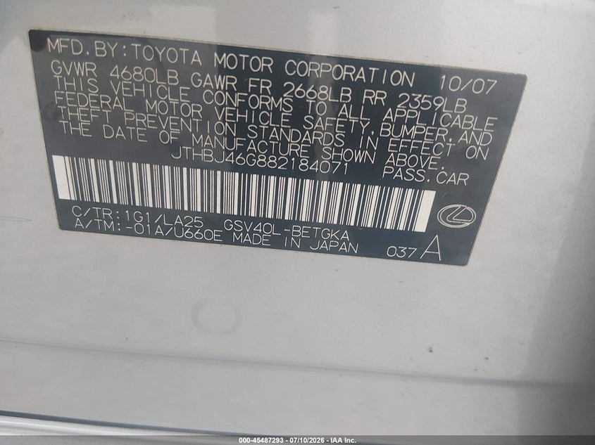 2008 Lexus Es 350 VIN JTHBJ46G882184071 IAAI salvage auction — NORMAL WEAR, Clear (Georgia), sold $425 on 2026-07-29 (photo 9)