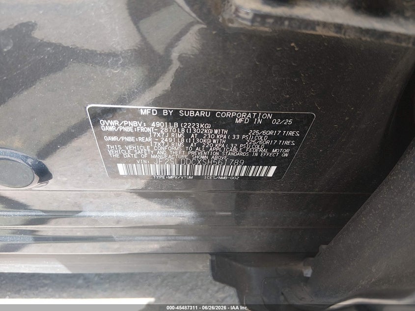 2025 Subaru Forester VIN JF2SLDDCXSH561789 IAAI salvage auction — FRONT & REAR, Clear (Colorado), sold $15,600 on 2026-07-07 (photo 9)