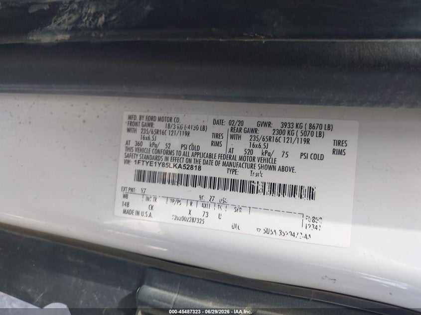 2020 Ford Transit 150 VIN 1FTYE1Y85LKA52818 IAAI salvage auction — LEFT SIDE, Clear (Tennessee), sold $10,100 on 2026-07-07 (photo 4)