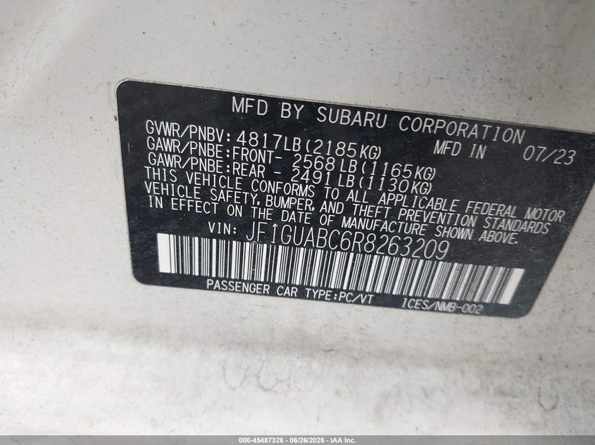 2024 Subaru Impreza VIN JF1GUABC6R8263209 IAAI salvage auction — FRONT END, Clear (New Jersey), sold $750 on 2026-07-17 (photo 9)
