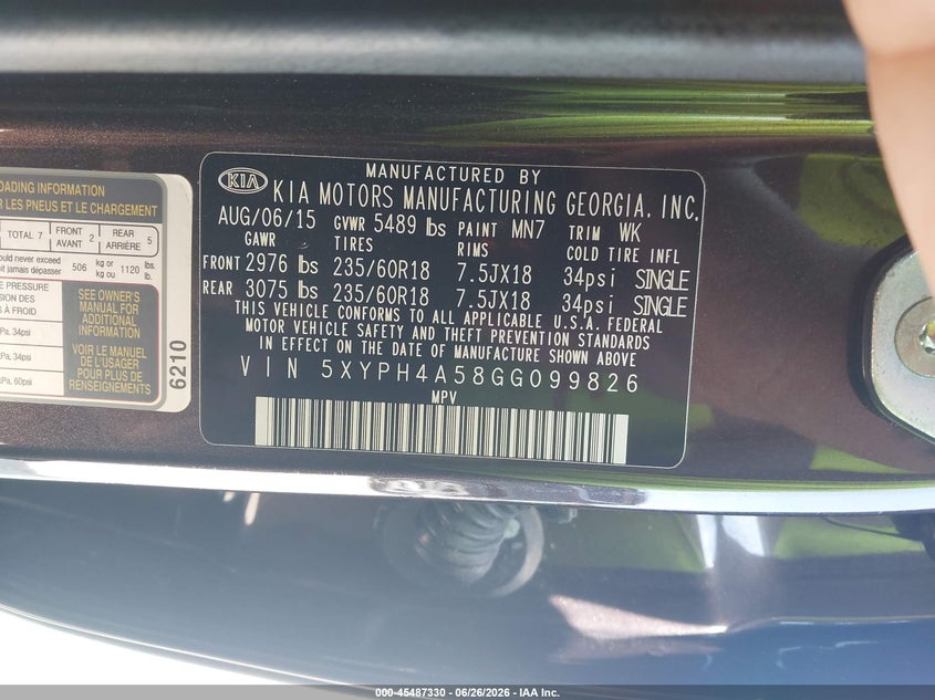 2016 Kia Sorento VIN 5XYPH4A58GG099826 IAAI salvage auction — NORMAL WEAR, Clear-Dealer Only (North Carolina), sold $1,700 on 2026-07-28 (photo 9)