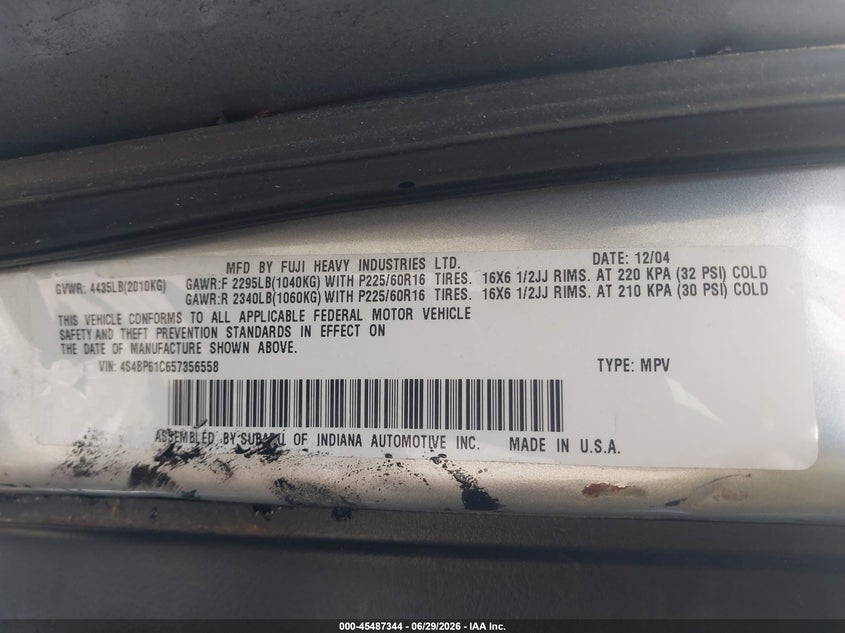 2005 Subaru Outback VIN 4S4BP61C657356558 IAAI salvage auction — FRONT END, Clear (Massachusetts), sold $300 on 2026-07-11 (photo 9)