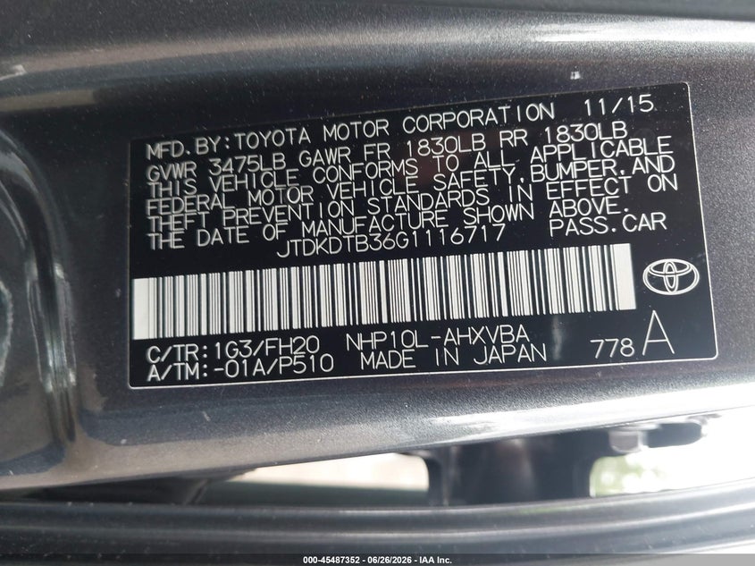 2016 Toyota Prius c VIN JTDKDTB36G1116717 IAAI salvage auction — RIGHT SIDE, Salvage Title, sold $2,050 on 2026-07-24 (photo 9)