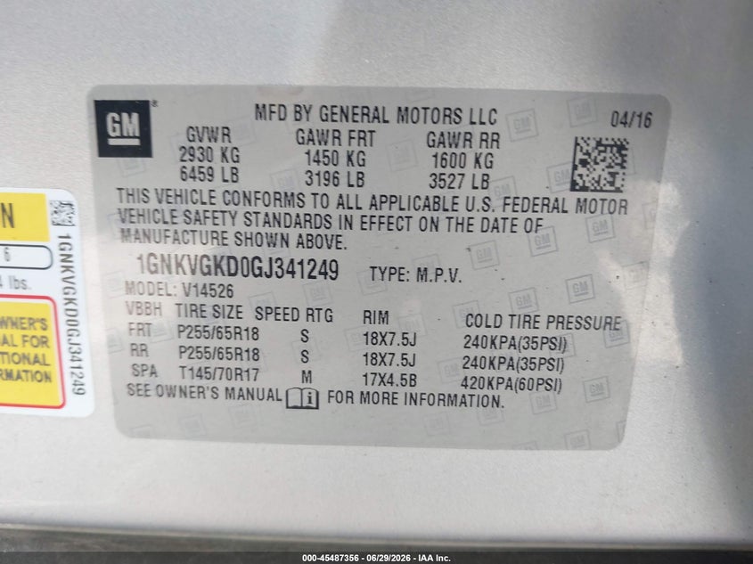 2016 Chevrolet Traverse VIN 1GNKVGKD0GJ341249 IAAI salvage auction — FRONT END, Salvage Title, sold $1,100 on 2026-08-03 (photo 9)