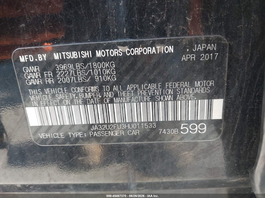 2017 Mitsubishi Lancer VIN JA32U2FU3HU011533 IAAI salvage auction — LEFT REAR, Salvage (Ohio), sold $25 on 2026-07-28 (photo 9)