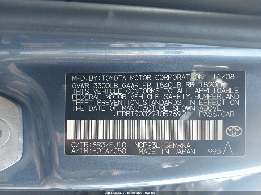 2009 Toyota Yaris VIN JTDBT903294057692 IAAI salvage auction — NORMAL WEAR, Original (Ohio), sold $350 on 2026-07-07 (photo 9)