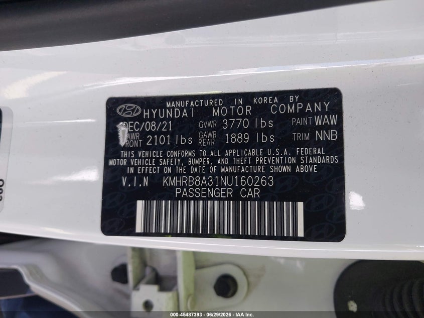 2022 Hyundai Venue VIN KMHRB8A31NU160263 IAAI salvage auction — SIDE, Certificate Of Destruction (Florida), sold $2,300 on 2026-07-30 (photo 9)
