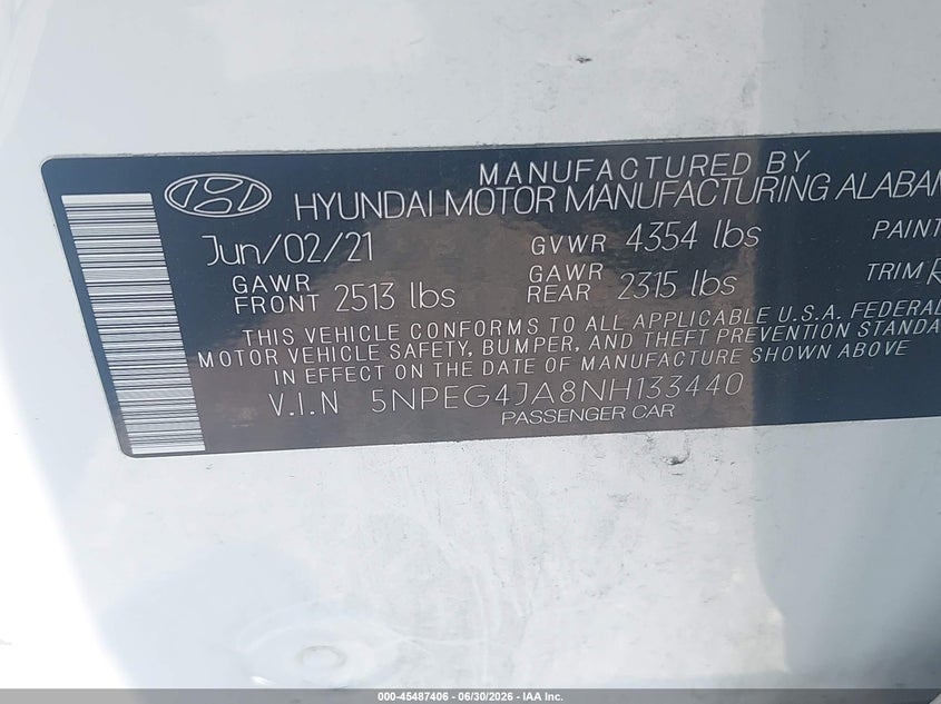 2022 Hyundai Sonata VIN 5NPEG4JA8NH133440 IAAI salvage auction — LEFT FRONT, Salvage - Greater Than 75% (Maryland), sold $3,000 on 2026-07-30 (photo 9)