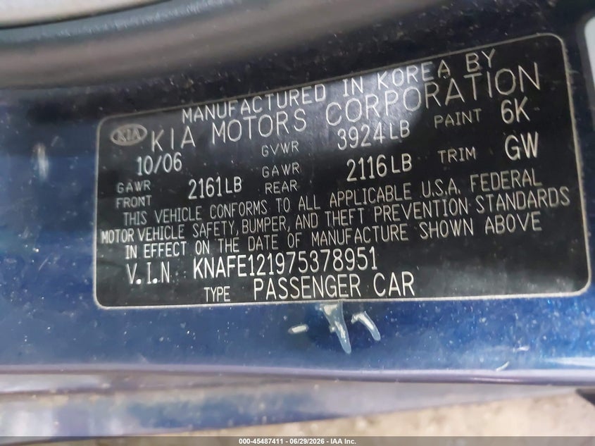 2007 Kia Spectra VIN KNAFE121975378951 IAAI salvage auction — SIDE, Non-Repairable (Virginia), sold $350 on 2026-07-25 (photo 9)