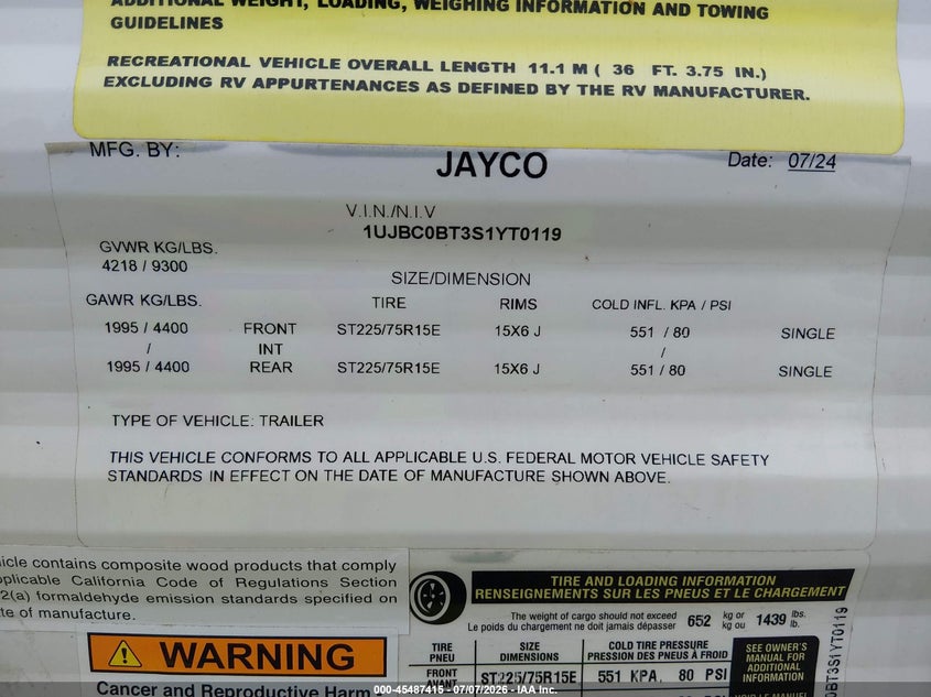 2025 Jayco Flight VIN 1UJBC0BT3S1YT0119 IAAI salvage auction — FRONT END, Salvage - 75% Or Less (Maryland), sold $12,000 on 2026-09-09 (photo 9)